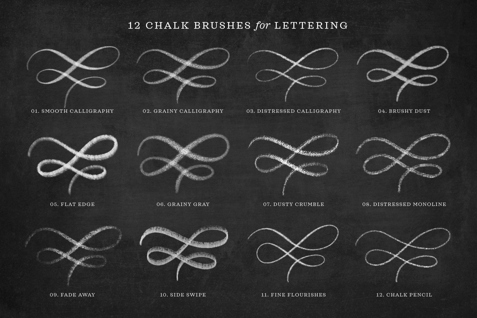 Sample brush strokes of the chalk calligraphy brushes in Chalk Lettering Procreate Brush Kit for iPad Lettering by Molly Suber Thorpe