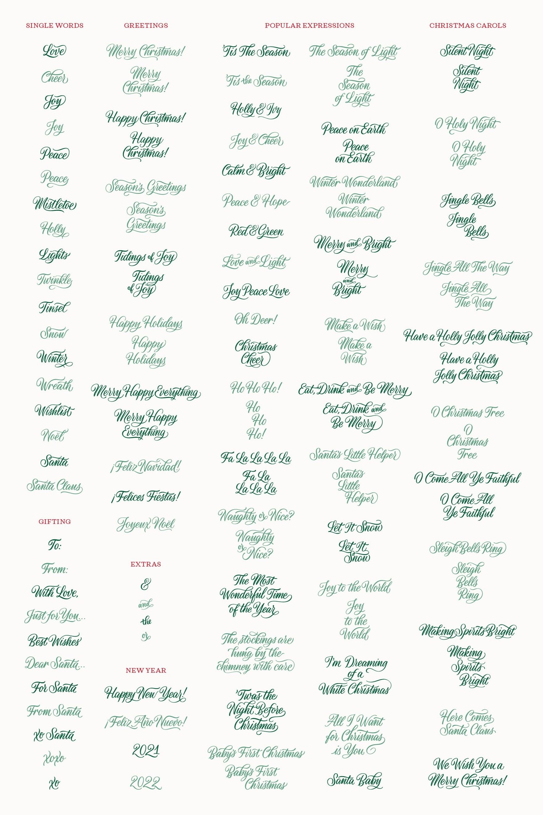 A list of the over 100 calligraphy words and phrases included in the Merry Christmas Calligraphy Vector Pack by Molly Suber Thorpe