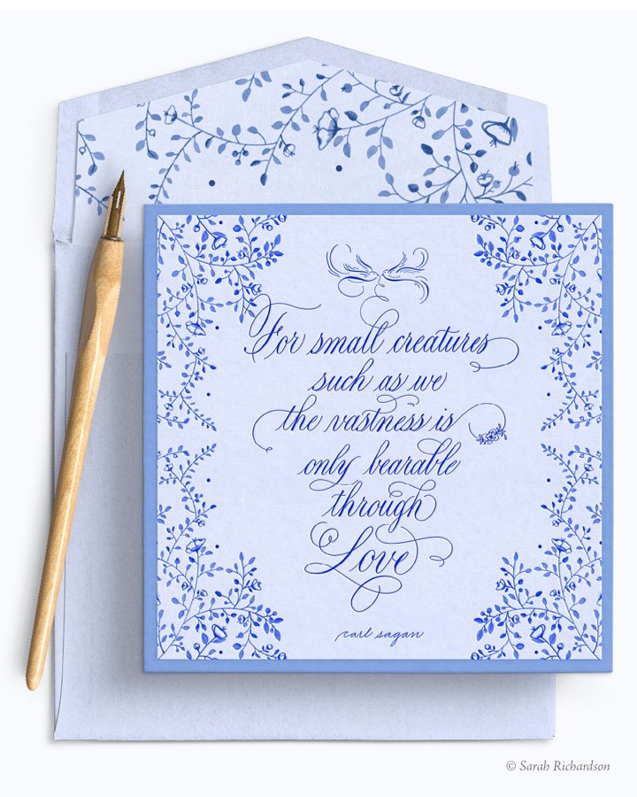 Digital flourished calligraphy by Sarah Richardson shown on a lavender letterpress card with envelope and pointed pen behind it, made using brushes from The Ultimate Lettering and Calligraphy Procreate Kit for iPad