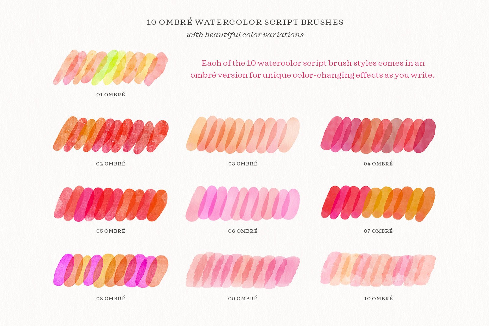 Samples of all 10 ombré calligraphy brushes in the Watercolor Calligraphy Procreate Brush Pack for iPad Lettering