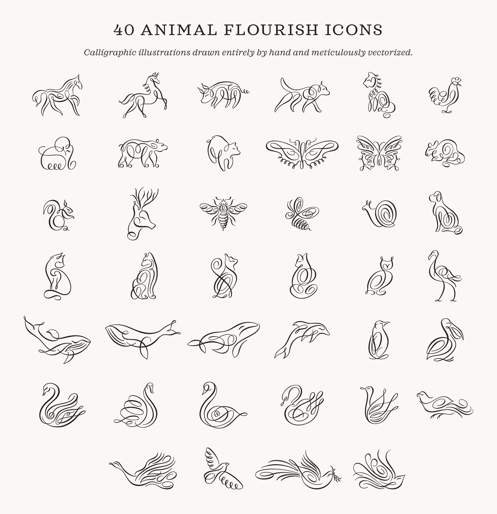 40 animal flourish icons including pig, elephant, cat, dog, bird, and bee by Molly Suber Thorpe