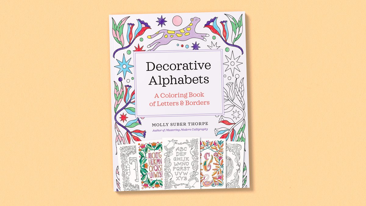 Cover of Decorative Alphabets Coloring Book by Molly Suber Thorpe on a yellow background