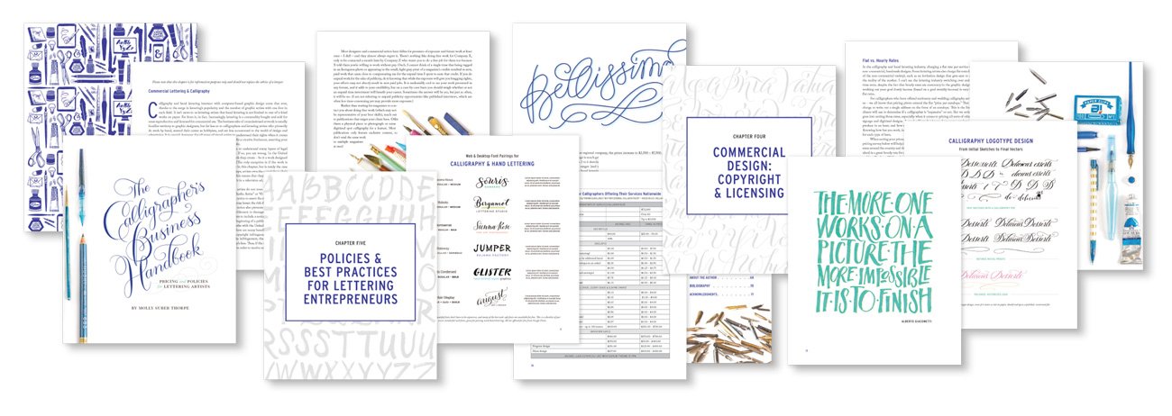 A display of pages from within The Calligrapher’s Business Handbook by Molly Suber Thorpe