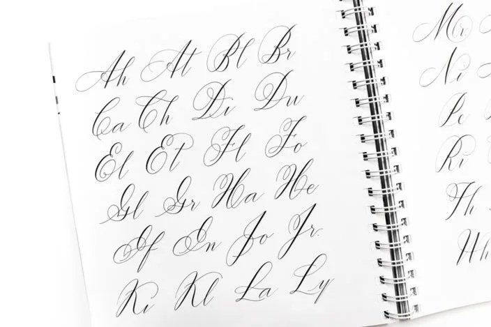 A spread of flourished ligatures in the spiral-bound Mastering Modern Calligraphy by Molly Suber Thorpe