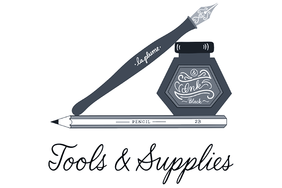 Hand drawn black and white illustration of a fountain pen, pen ink, and a pencil