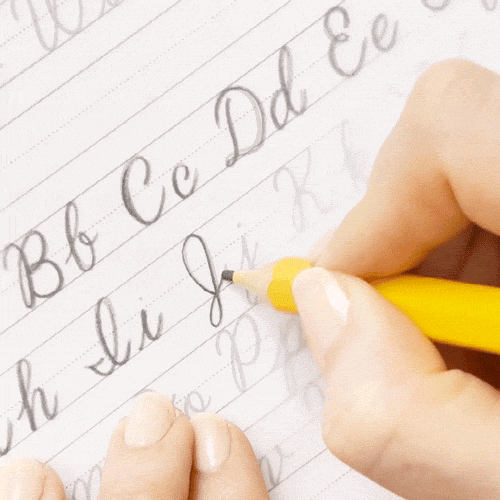 Animated GIF of Molly Suber Thorpe tracing the cursive letter “j” in pencil