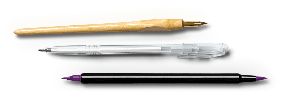 Pointed calligraphy pen with wood handle, white gel pen, and purple brush marker