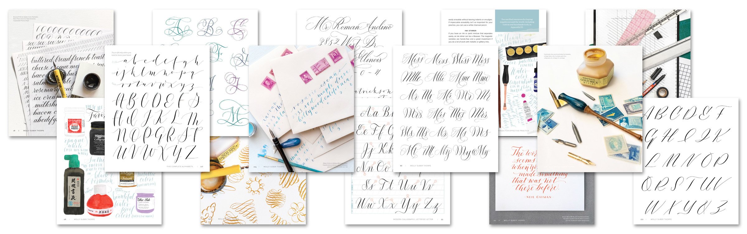 An array of pages showing what’s inside Mastering Modern Calligraphy by Molly Suber Thorpe, including thousands of letter examples and full-color photos