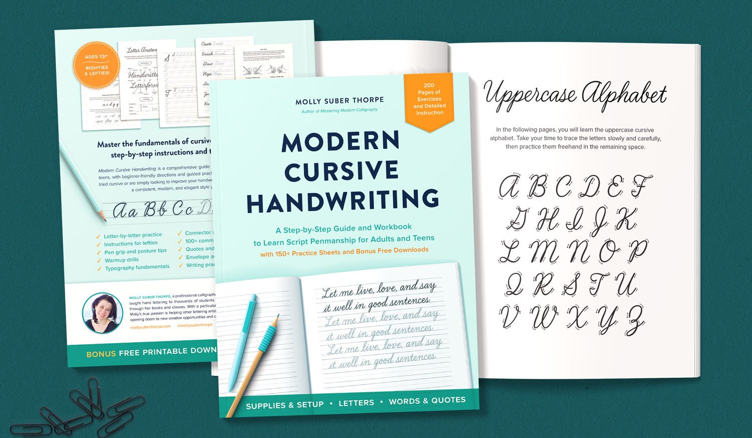 Covers and open page of Modern Cursive Handwriting by Molly Suber Thorpe