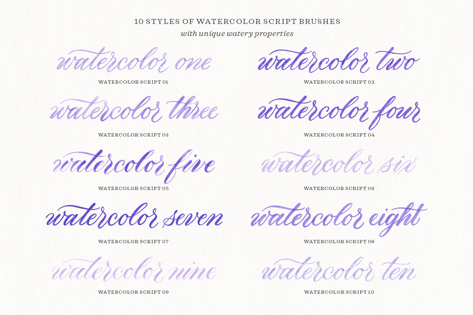 Samples of all 10 watercolor calligraphy brushes in the Watercolor Calligraphy Procreate Brush Pack by Molly Suber Thorpe