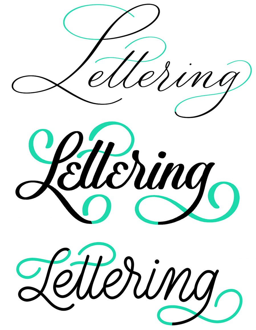 Three different calligraphy flourishing styles compared: pointed pen, brush pen, and monoline