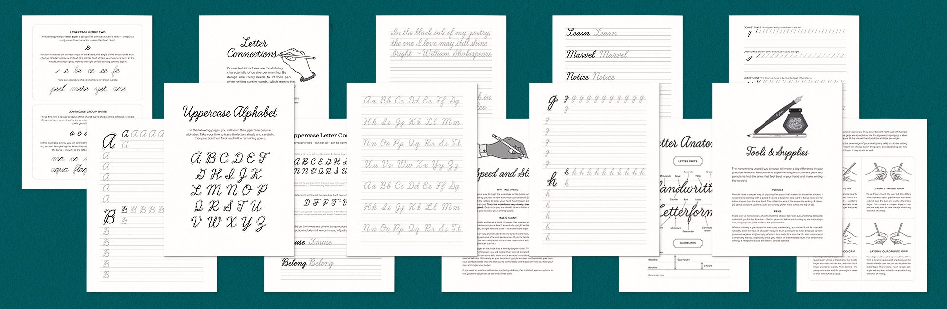 Spread of pages from modern cursive handwriting book for adults and teens with alphabets and tools and supplies and pen grip instructions