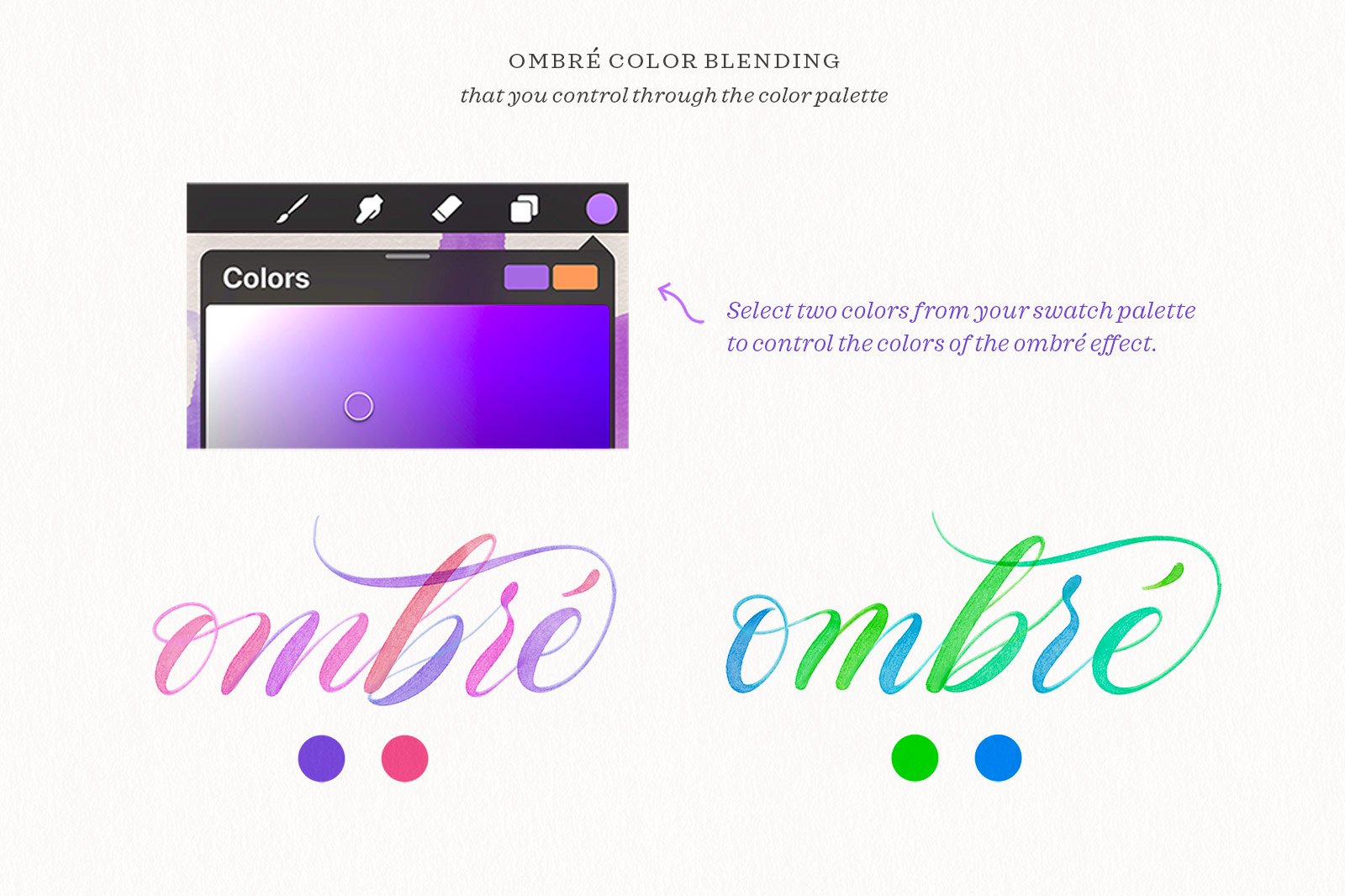 Instructions on how to create ombré watercolor calligraphy using the Procreate color palette with two different color swatches