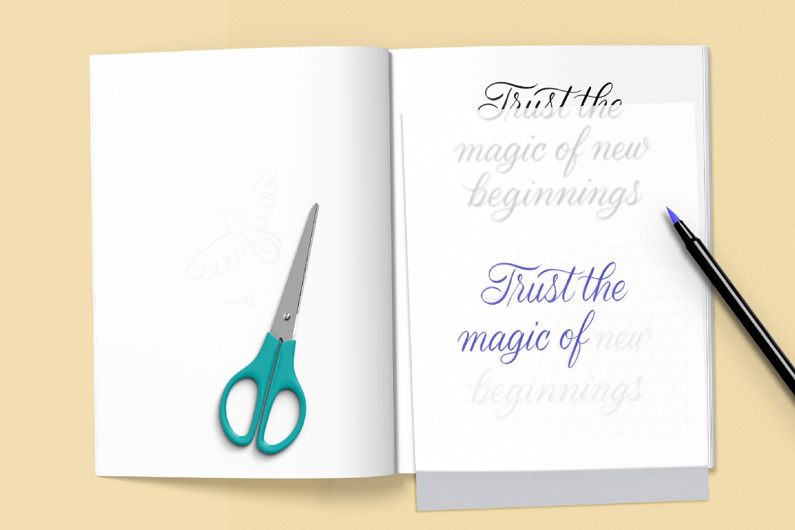 An open copy of the Trace-to-Learn Short Phrases Lettering Workbook with a sheet of tracing paper laid on top