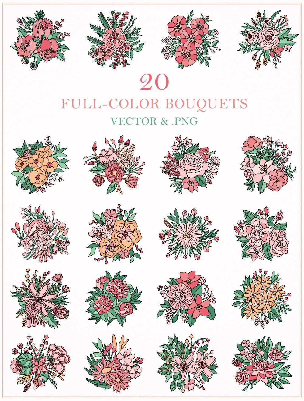 Preview thumbnails of all 20 full-color flower clipart files included in the Spring Bouquets Floral Vector Collection by Molly Suber Thorpe