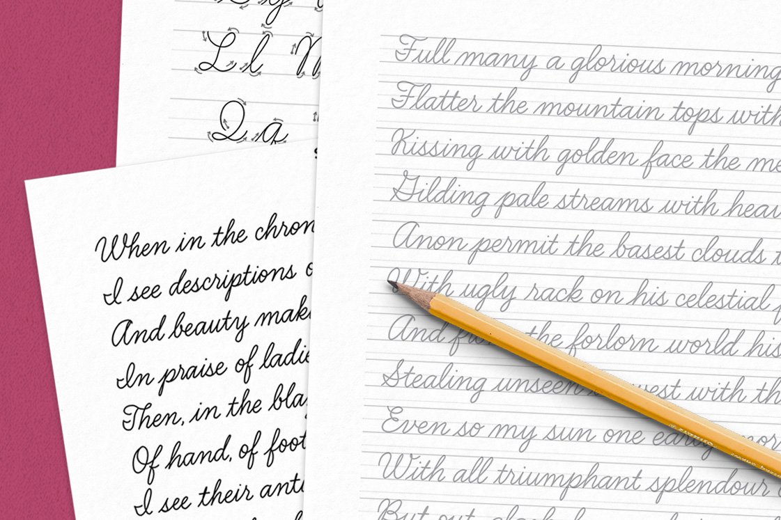 Sample of a Shakespeare Sonnet practice page with a pencil, from a companion guide to Modern Cursive Handwriting by Molly Suber Thorpe