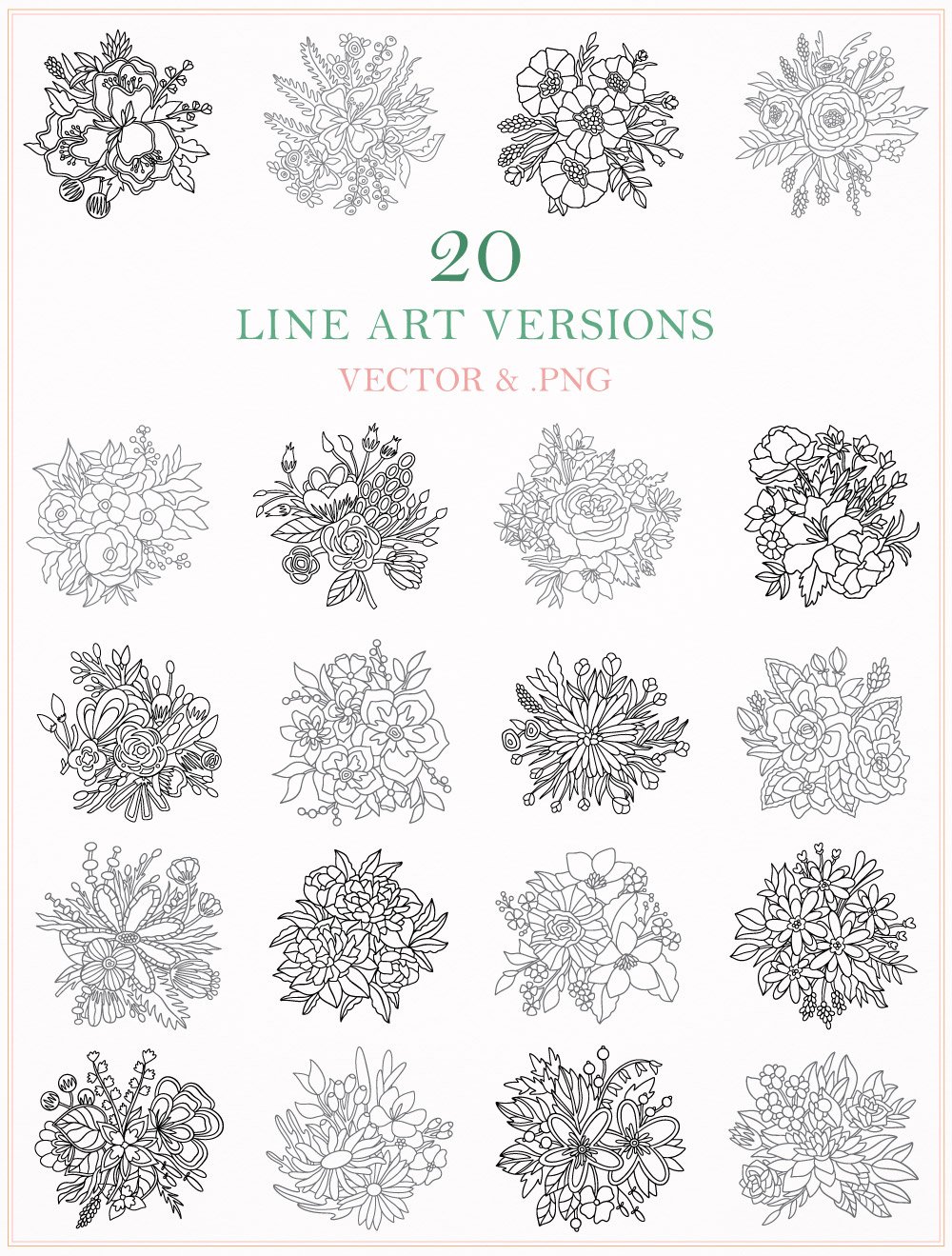 Preview thumbnails of all 20 black and white line art clipart files included in the Spring Bouquets Floral Vector Collection by Molly Suber Thorpe