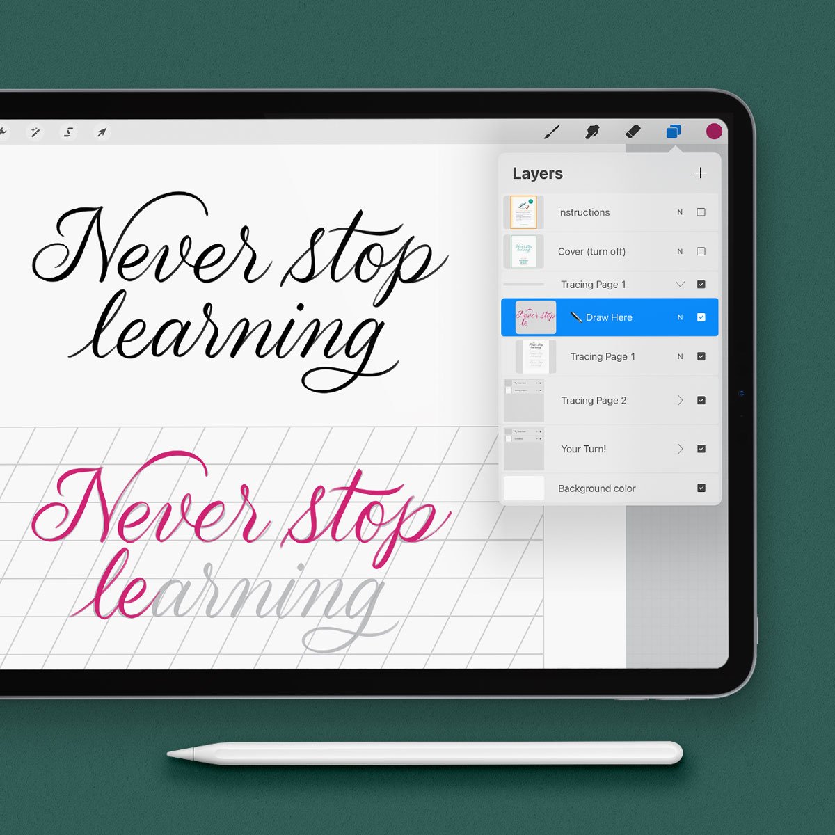 iPad screen displaying a Procreate workbook page for learning brush lettering on a tablet