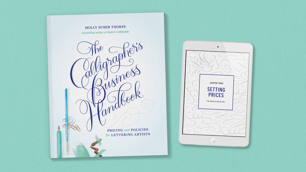 Cover of The Calligrapher’s Business Handbook by Molly Suber Thorpe, next to the ebook edition on a Kindle