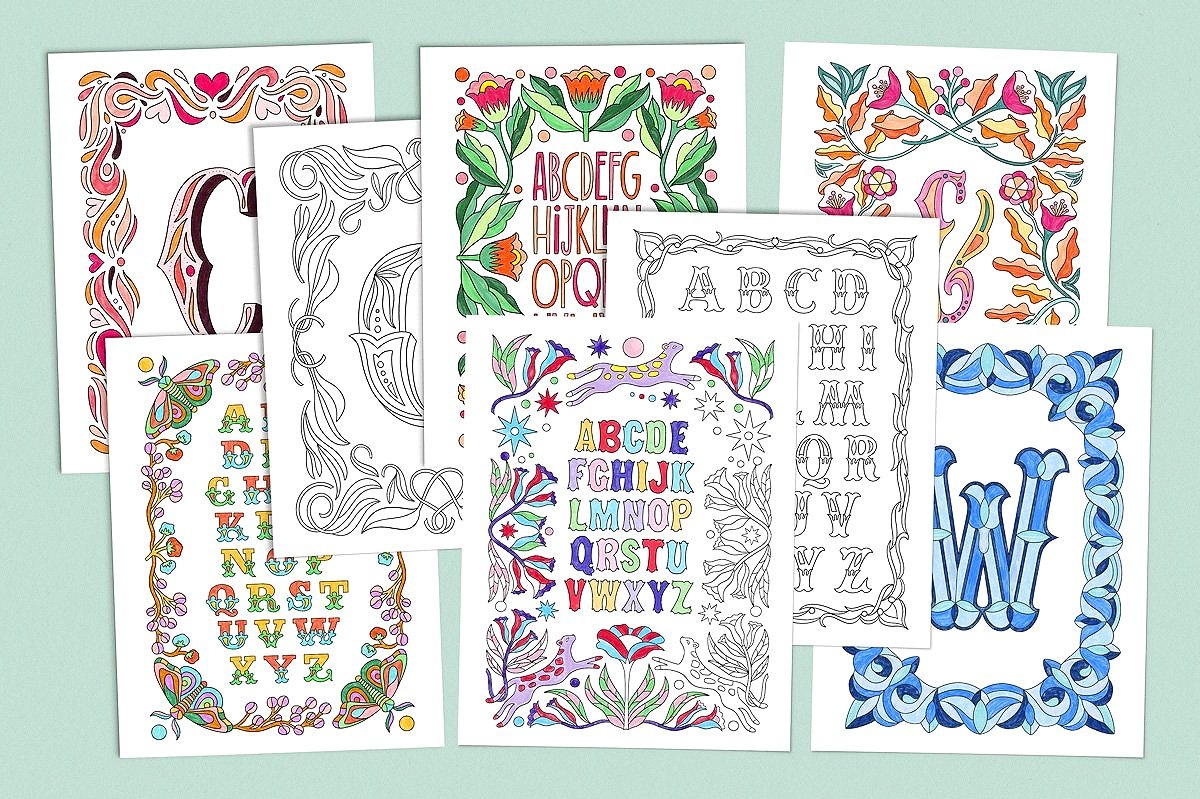 A spread of sample pages from Decorative Alphabets Coloring Book by Molly Suber Thorpe showing fun alphabets and individual drop cap letters