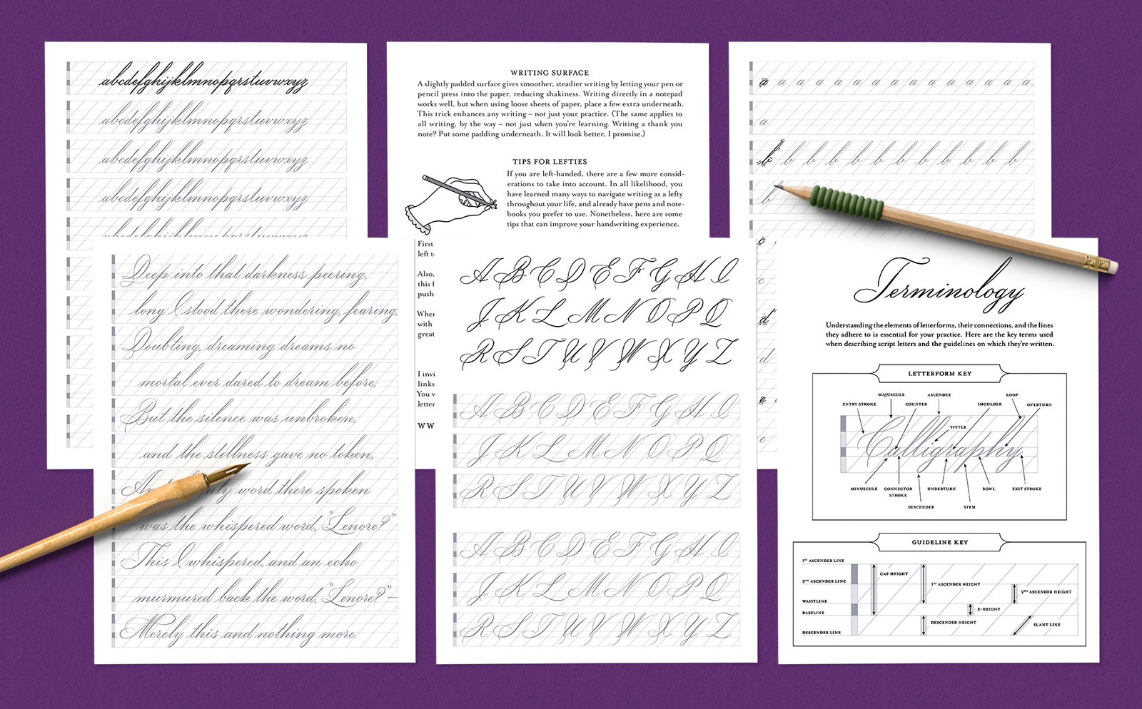 An array of sample pages from The Artful Pen Handwriting Workbook by Molly Suber Thorpe