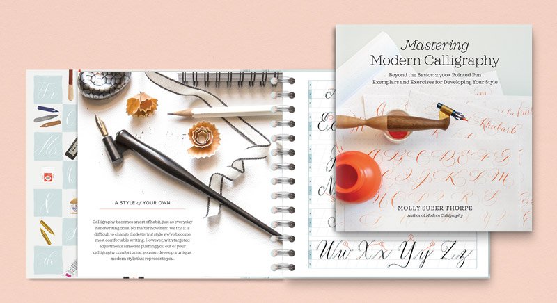 Cover and interior spread from the spiral bound book Mastering Modern Calligraphy by Molly Suber Thorpe