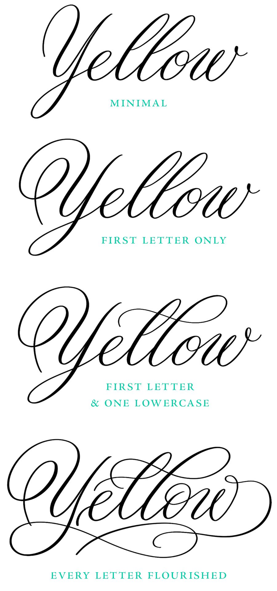 The same word “Yellow” decorated with different amounts of flourishing