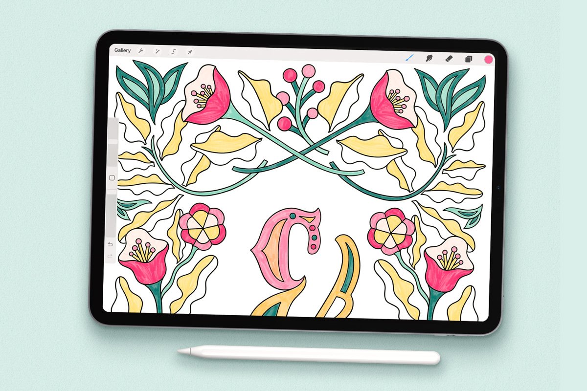 iPad showing a detail from a colored ampersand page in Procreate from the Decorative Alphabets Coloring Book digital edition
