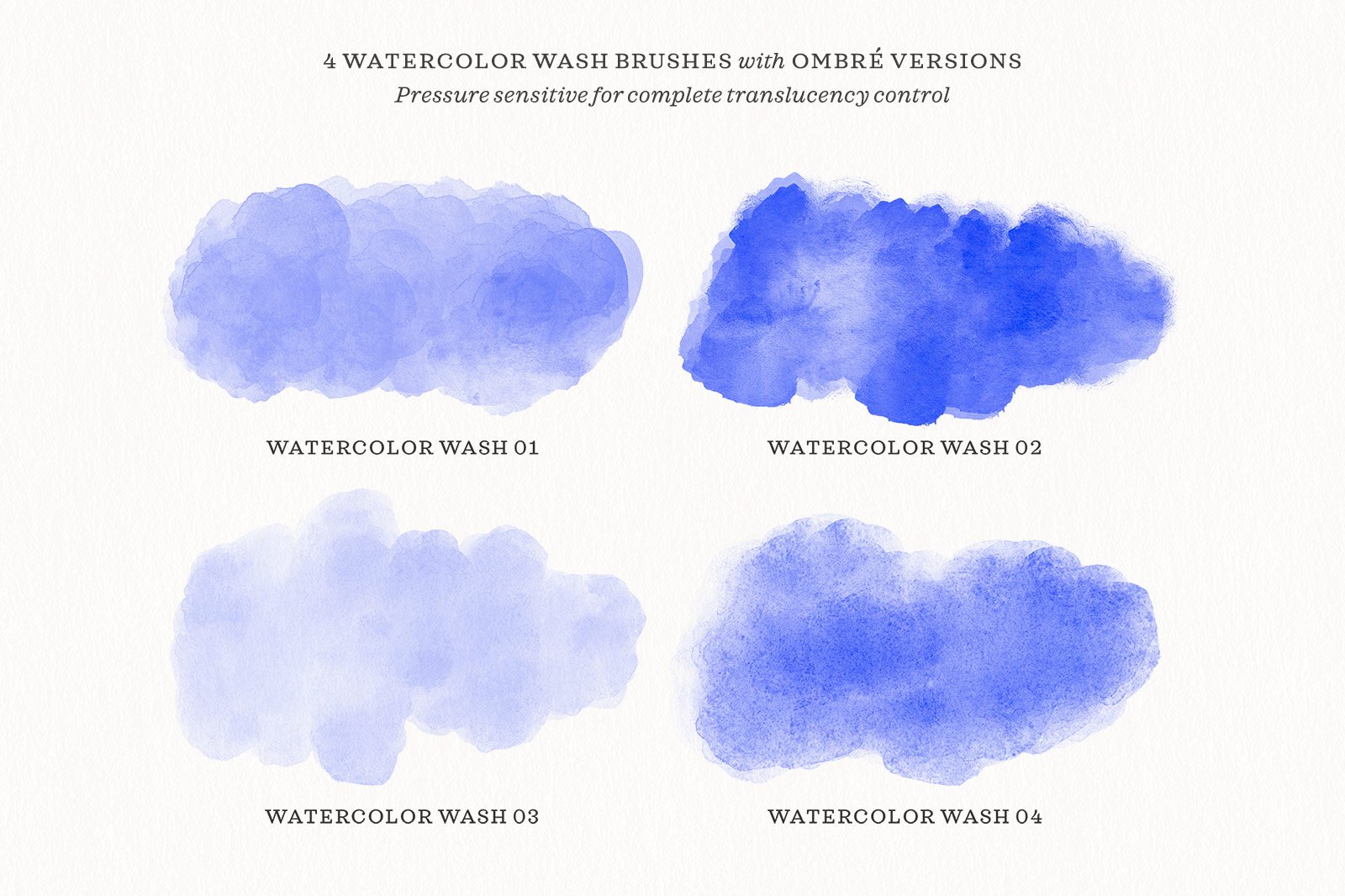Samples of the 4 different watercolor wash brushes from the Watercolor Calligraphy Procreate Brush Pack for iPad Lettering