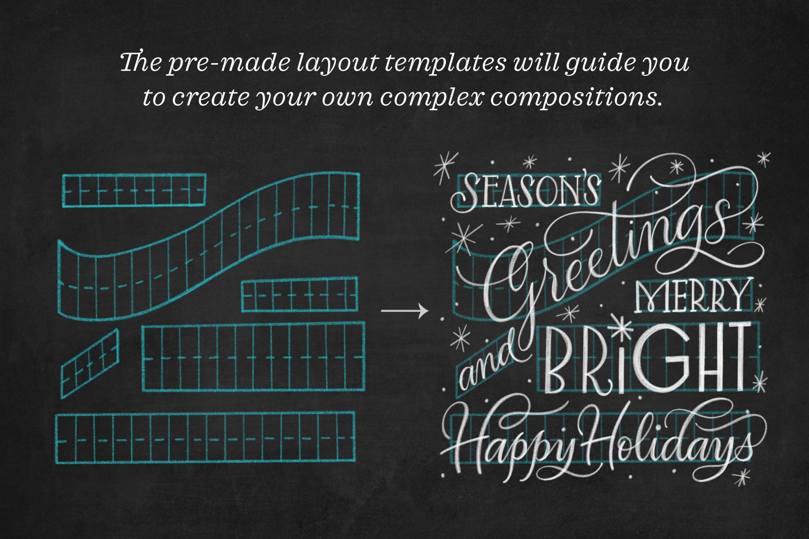Example of a chalk lettering template being used to design a Christmas card design