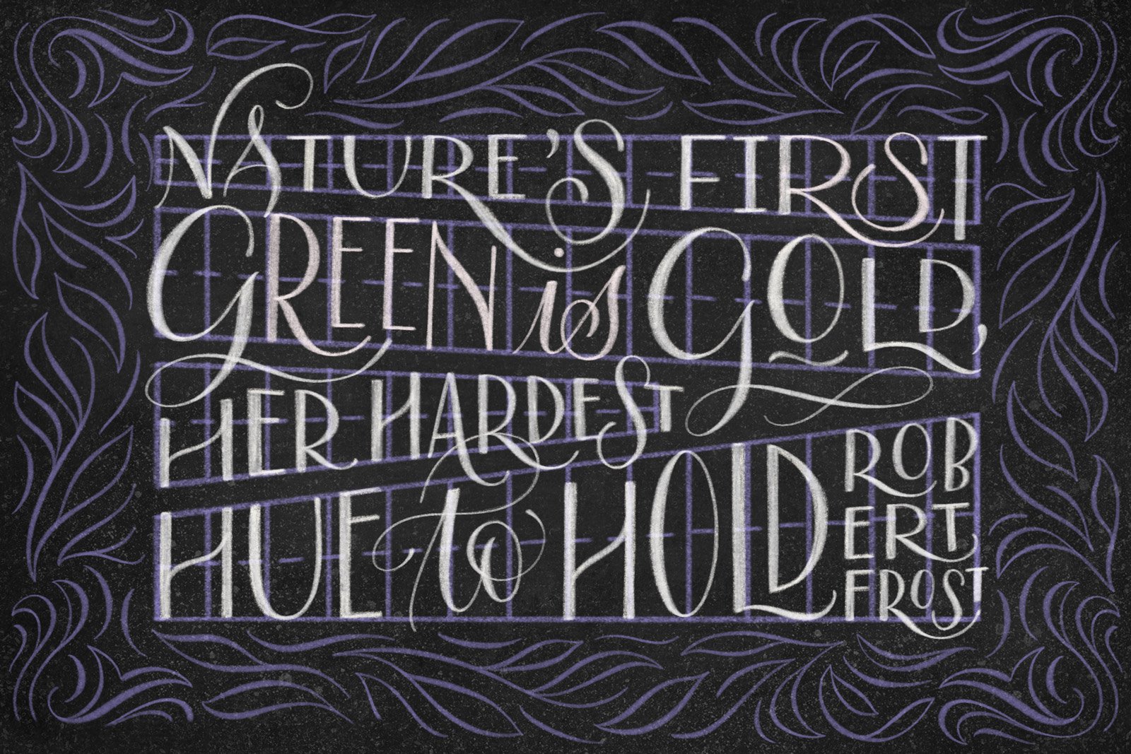 Chalk lettering quote by Robert Frost in white, showing behind it in purple chalk the guideline template used to create it with the Chalk Lettering Procreate Brush Kit