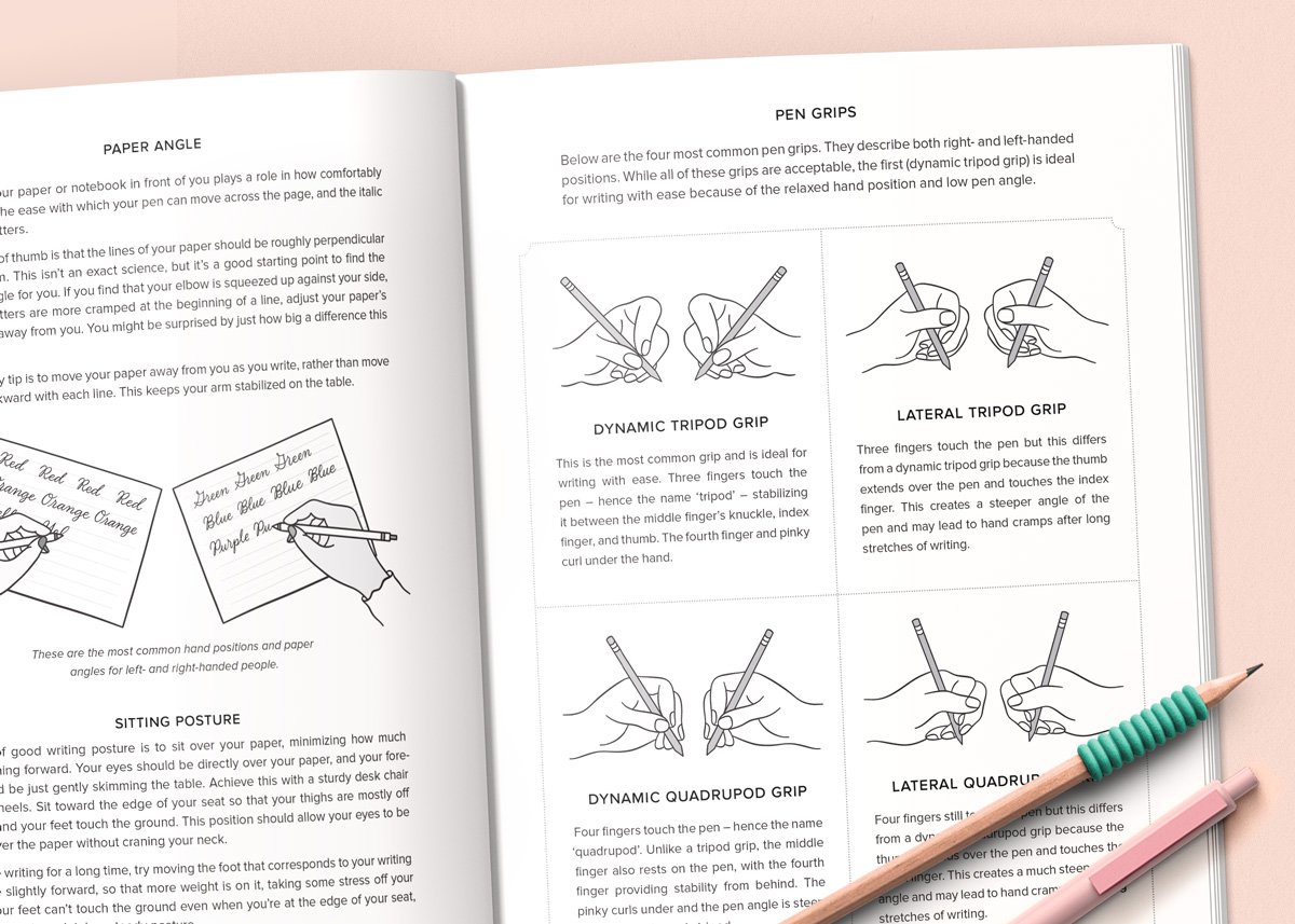 Open page of Modern Cursive Handwriting by Molly Suber Thorpe showing common pen grips for left and right handed writers