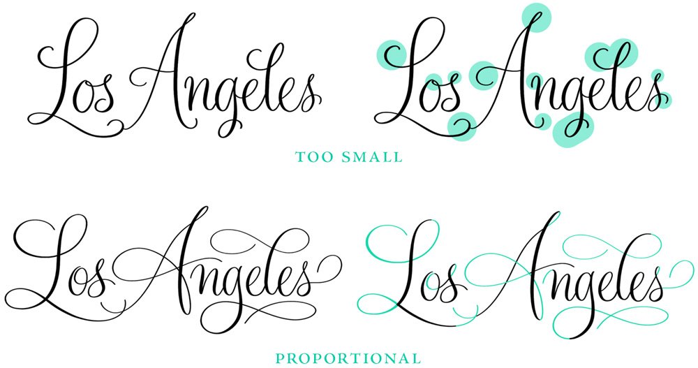Examples of calligraphy flourishes that are too small versus flourishes that are proportional to the letters