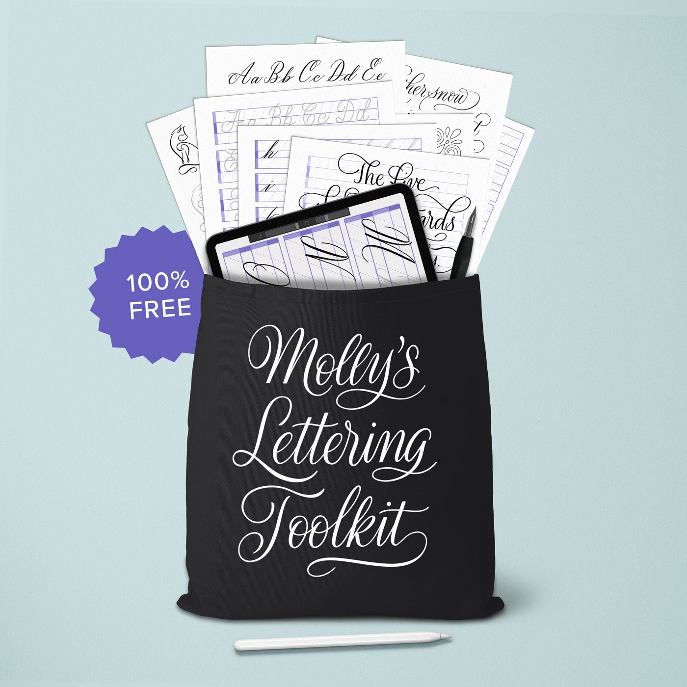 Molly’s Lettering Toolkit free calligraphy alphabet practice sheets, Procreate brushes, iPad lettering tools, and more