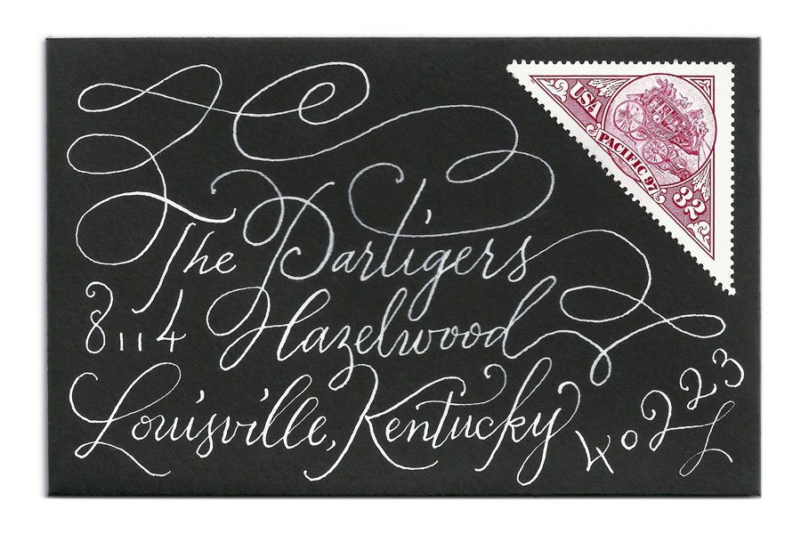 Calligraphy envelope with white ink calligraphy on black paper