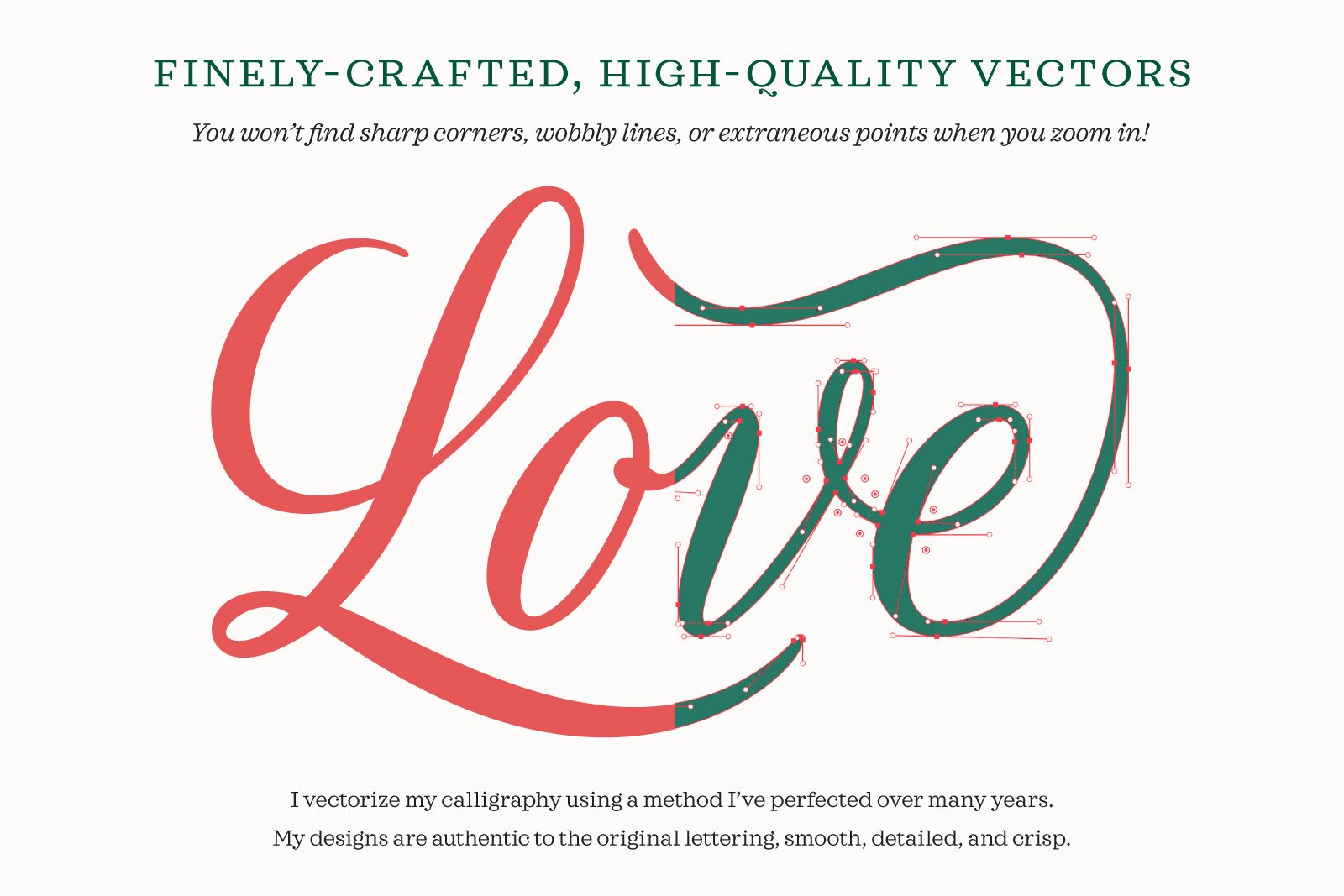 Enlarged “Love” vector showing the bezier curves and handles