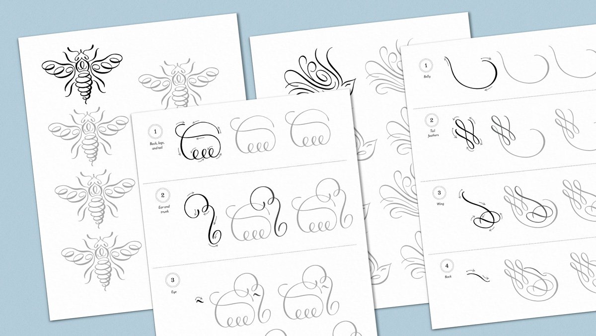 Four page samples from the Animal Flourishes Calligraphy Workbook by Molly Suber Thorpe