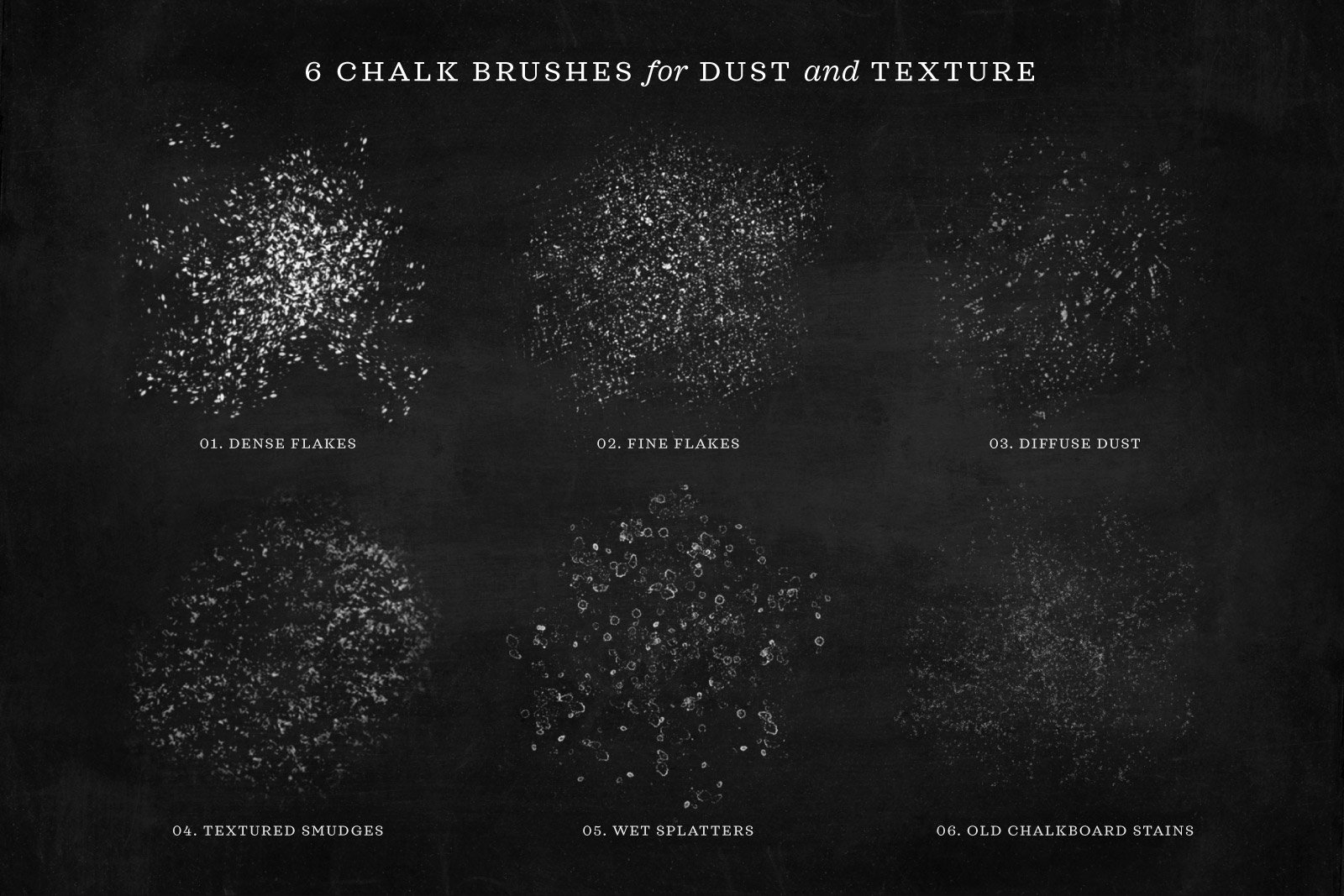 Previews of the chalk dust splatter brushes included in the Chalk Lettering Procreate Brush Kit for iPad Lettering by Molly Suber Thorpe
