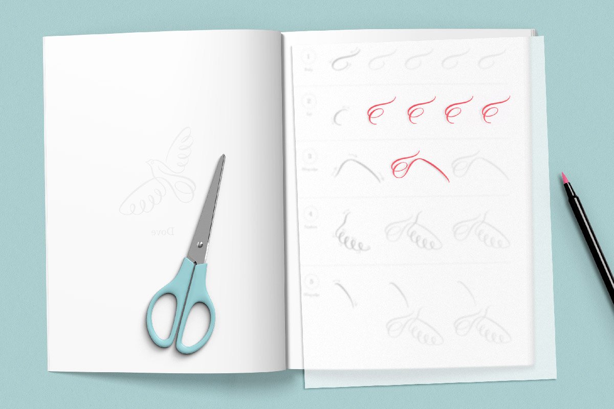 Tracing paper placed over a page of the Animal Flourishes Workbook with a pink marker and traced strokes