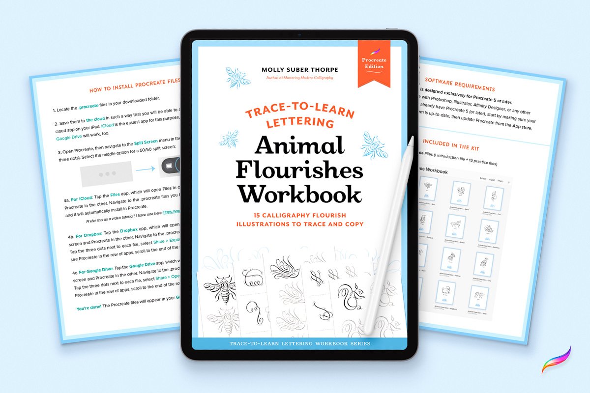 Procreate edition of the Animal Flourishes Workbook shown on an iPad screen with pages from the instruction manual behind it