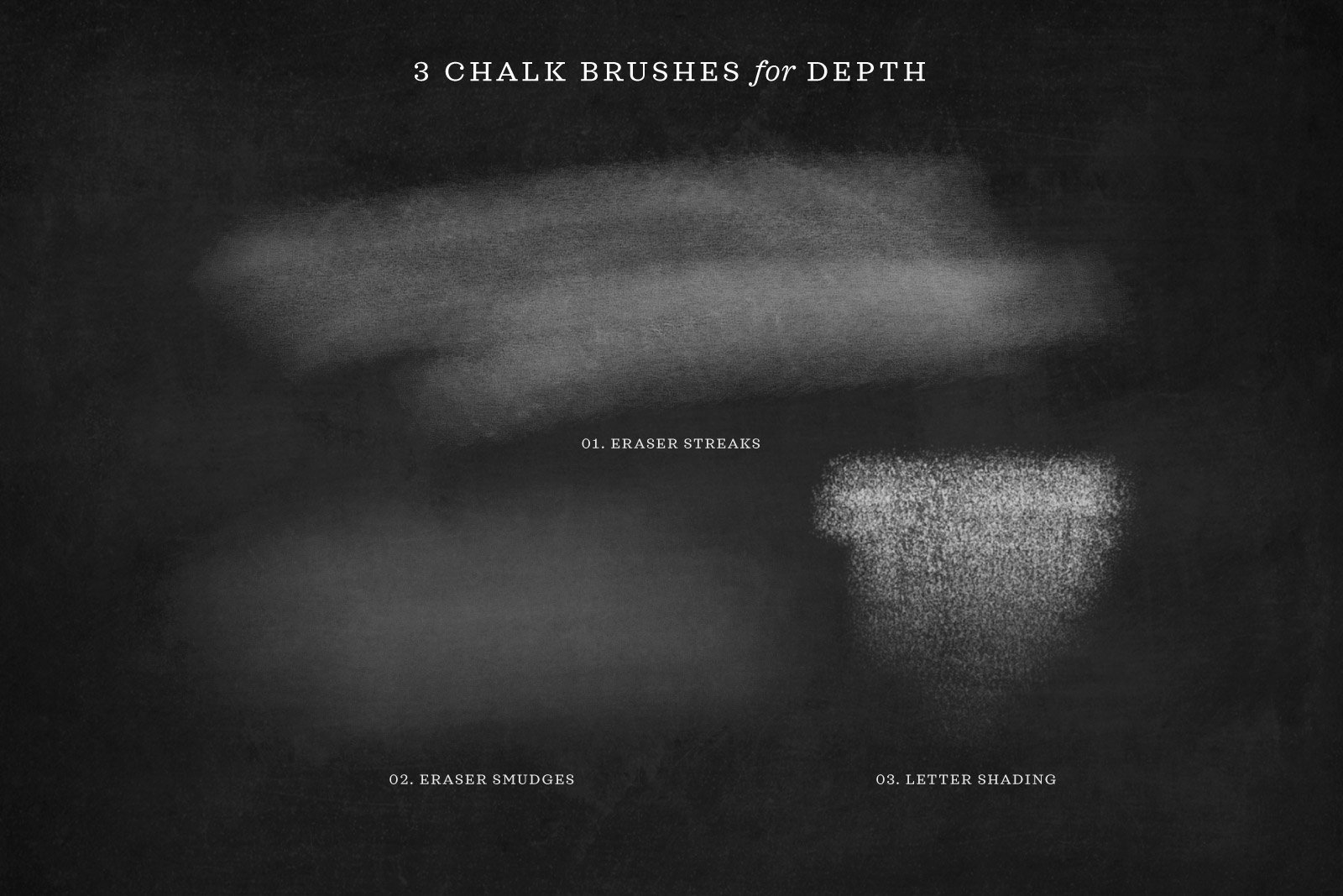 Previews of the three eraser smudge brushes included in the Chalk Lettering Procreate Brush Kit for iPad Lettering by Molly Suber Thorpe