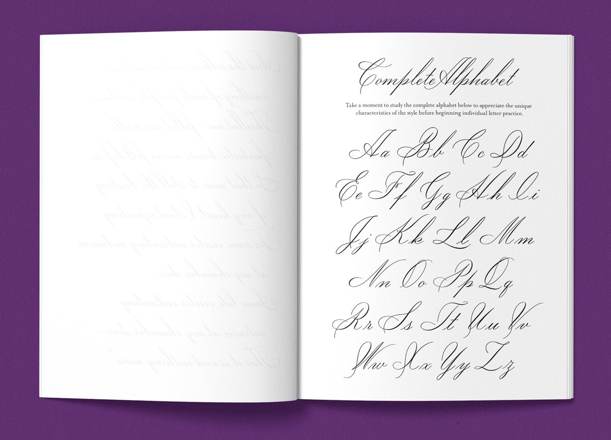 Flourished calligraphy alphabet page shown in an interior mockup of The Artful Pen Handwriting Workbook by Molly Suber Thorpe