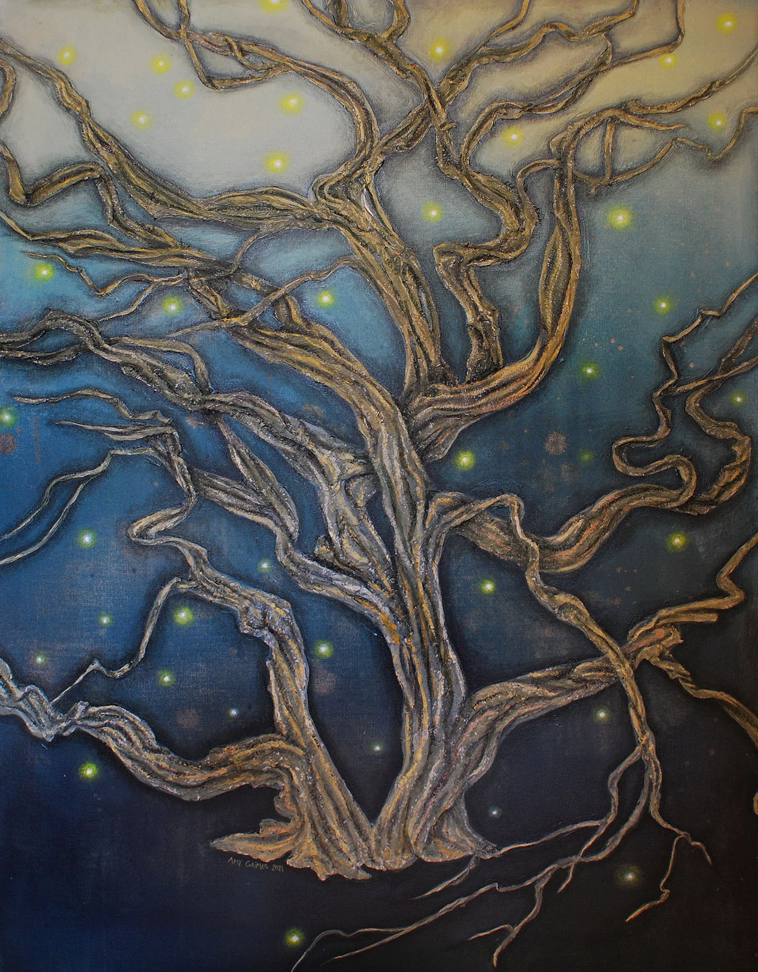 GLOW 30X40 Mixed-Media Acrylic on Gallery Canvas SOLD The lights in this tree are stubborn. They insist on burning their low, steady light in celebration of life. Life—with its green, growing hope. The lights won’t wait for blades of grass to reach up from the ground. They won’t wait for leaves to dot the branches of the twisty tree or for the sun to break through the gloom. They celebrate now—in the hazy darkness—because they know that dawn is coming.