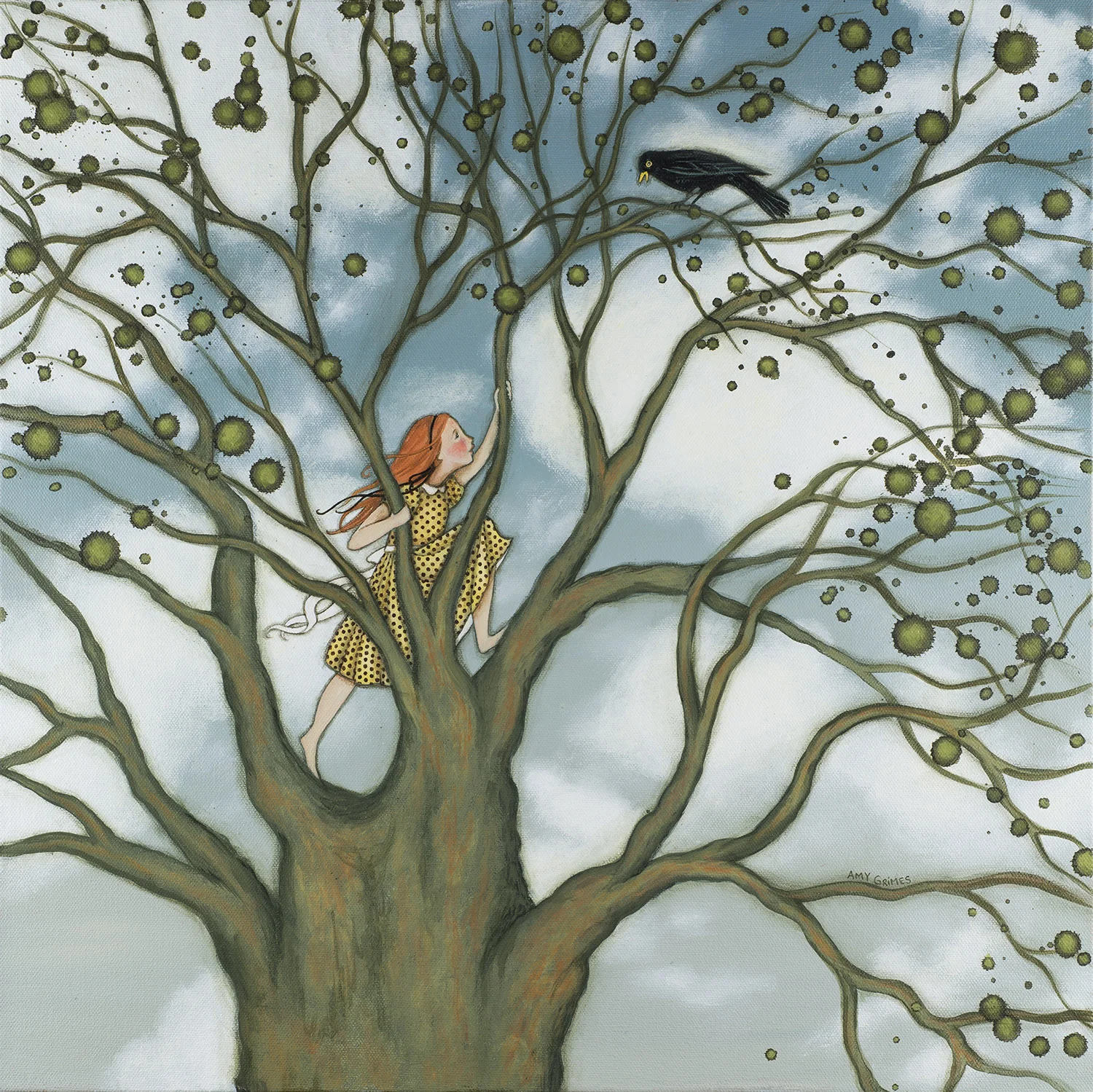 A MEETING OF MINDS 20X20 Acrylic on Gallery Canvas $660.00 + Shipping & Tax (if applicable) Contact For Purchase Don’t you love those blue-sky days when the clouds are extra puffy and the birds are singing all around? It was just such a day, the first day of Fall, when a little girl noticed a large blackbird eyeing her from way up high in her favorite climbing tree. It was only a bit peculiar how carefully he watched her, and only slightly more peculiar how desperately he sang as he watched. But it was wonderfully strange when his song turned to words calling her up! up! up! He sang: Come, be swift! Not a second to lose! Climb barefoot— Never mind your shoes. I need your help. There’s little time. Climb up and we’ll have A meeting of minds!”