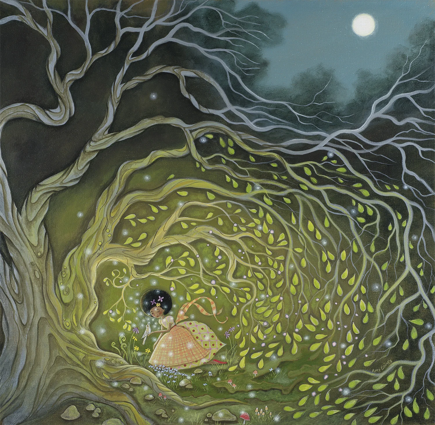 RESCUE FROM THE OLD SONG 20X20 Acrylic on Gallery Canvas SOLD The old song was one of creaking limbs and cold torrents of air. It held the forest captive. The trees were bare, nothing bloomed, and all seemed dead as a snapped twig. A girl grew up in this sad, lonely place and the old song filled her heart. One day a bird flew into the forest—a simple brown bird—not much to look at. But as the bird sang, it’s song filled the forest like water fills an empty cup all the way to the brim, and it overflowed into the girl’s heart. And everything changed.