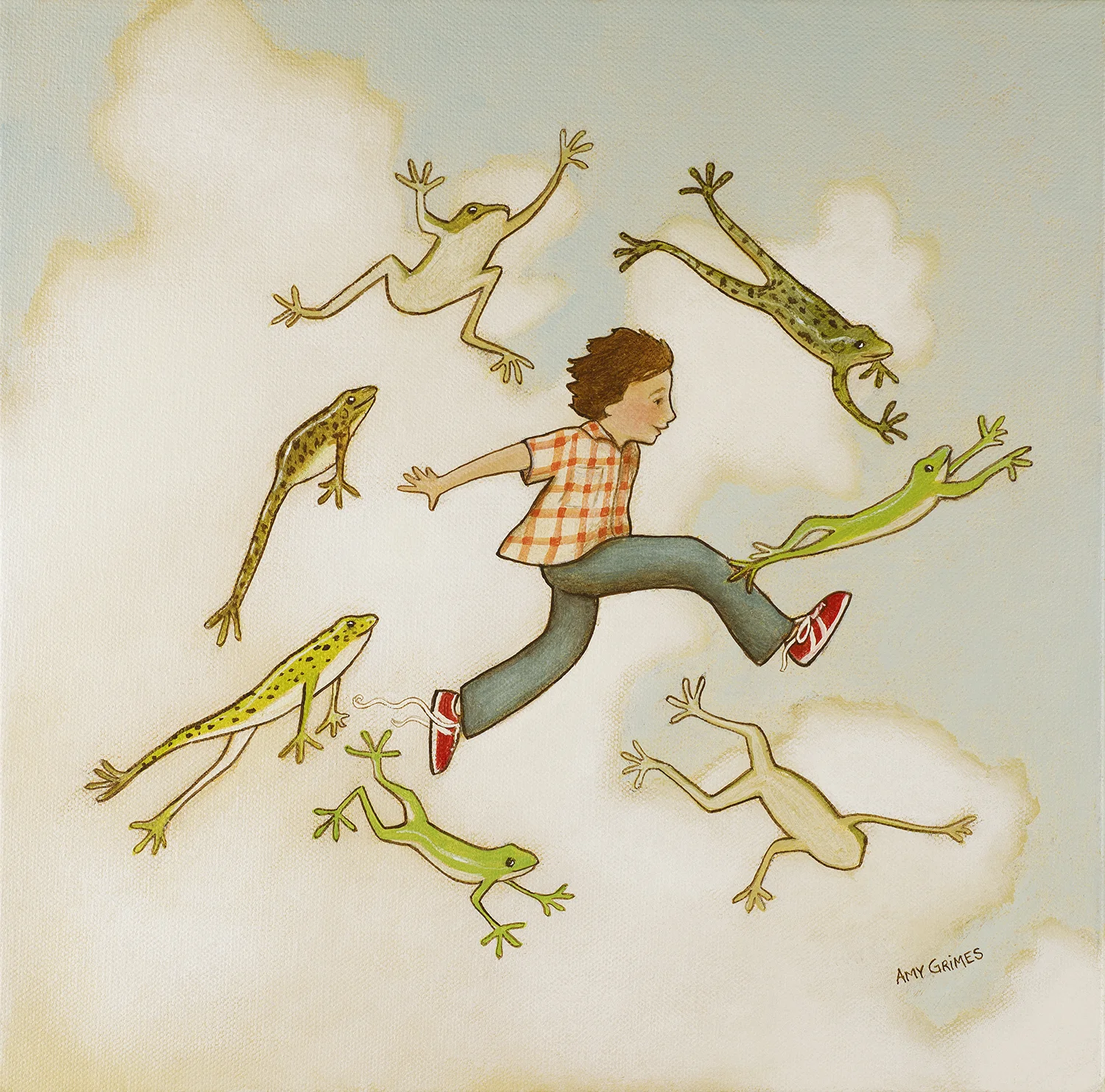 LEAP WITH THE FROGS 12X12 Acrylic on Gallery Canvas SOLD Dance with the butterflies, buzz with the bees, hop with the bunnies, sway with the trees. Twirl with the wildflowers, jump with the trout, waltz with the dandelions—try it all out! Sing with the birds, leap with the frogs, stretch with the kitty cats, run with the dogs. All of this, up in the blue—I can do it, and so can you!