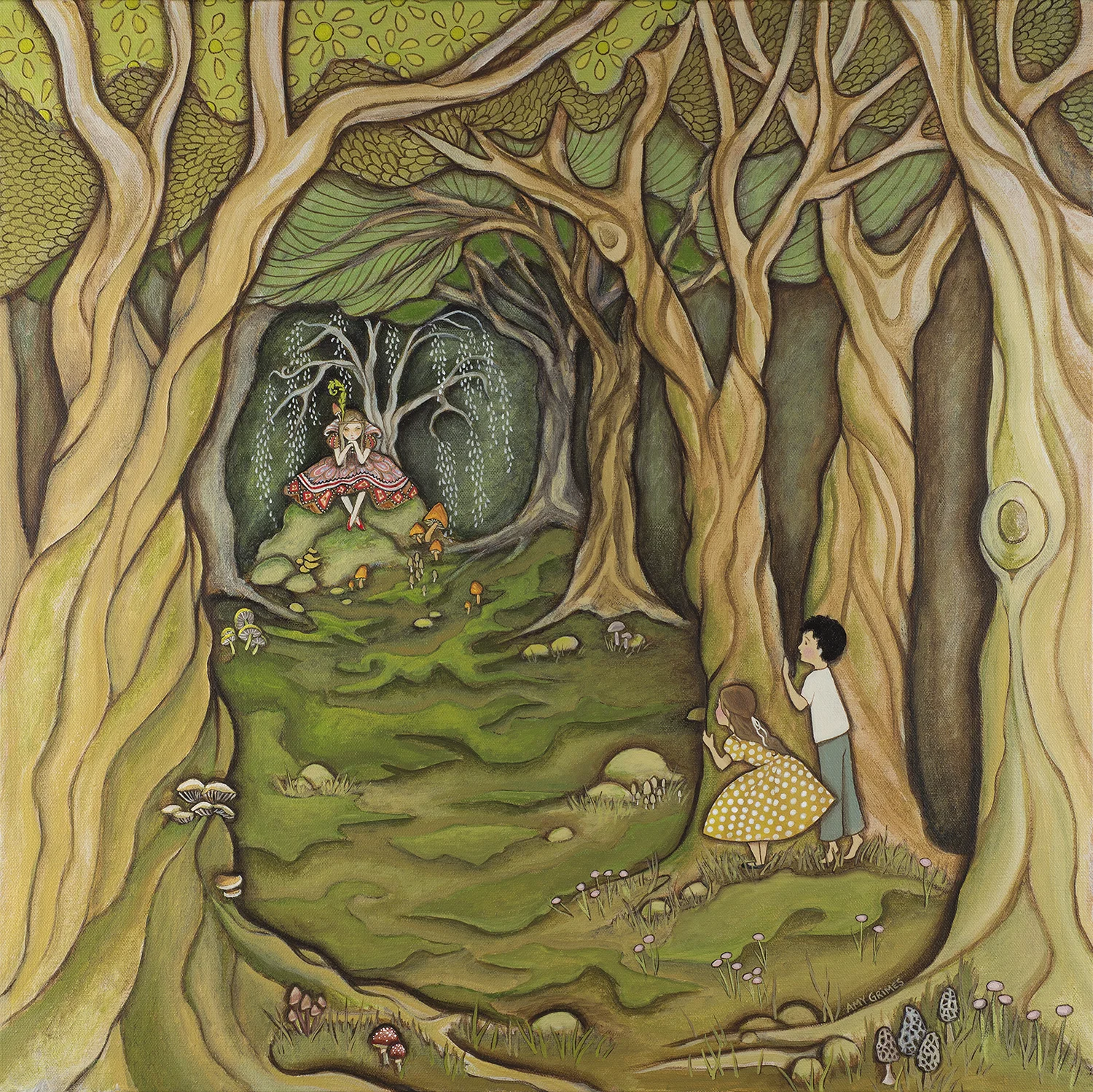 IN THE HALL OF THE MUSHROOM QUEEN 24X24 Acrylic on Gallery Canvas SOLD My brother and I were making believe in the woods behind our house, when we heard a voice talking low and ordering someone about. My brother and I crept quietly, and peaked from behind a tree. There on a mossy throne of rock, we saw the Mushroom Queen. We spied on her for half an hour arguing what to do, when suddenly we realized she was spying on us too!