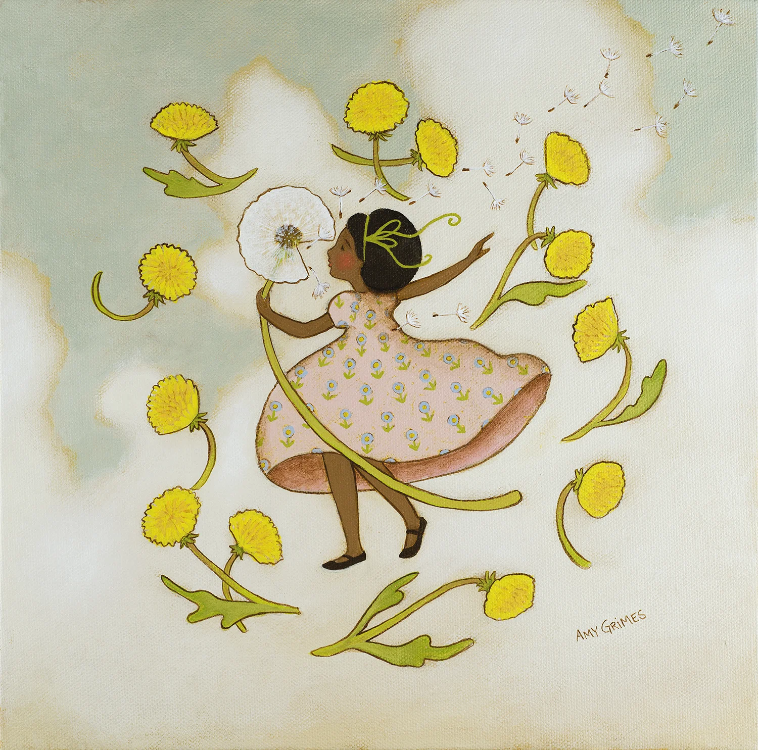 WALTZ WITH THE DANDELIONS 12X12 Acrylic on Gallery Canvas SOLD Dance with the butterflies, buzz with the bees, hop with the bunnies, sway with the trees. Twirl with the wildflowers, jump with the trout, waltz with the dandelions—try it all out! Sing with the birds, leap with the frogs, stretch with the kitty cats, run with the dogs. All of this, up in the blue—I can do it, and so can you!