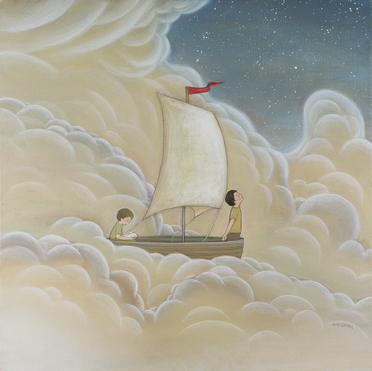 A GAP IN THE CLOUDS 20X20 Acrylic on Gallery Canvas SOLD fun to sail through the clouds? These two boys would be quick to say it’s only fun if you know where you are. The clouds can be disorienting. Thankfully at this moment they’re catching a glimpse of clear night sky. I believe God loves people. I believe He loves me. But these beliefs are always slipping out of my mind. I’m distracted by everyday circumstances. I forget to truly love others and I forget that I’m truly loved. Reminders come into my days often—sometimes through the words of a friend or the lyrics of a song. These are like a gap in the clouds. They set me back on course and give me hope.