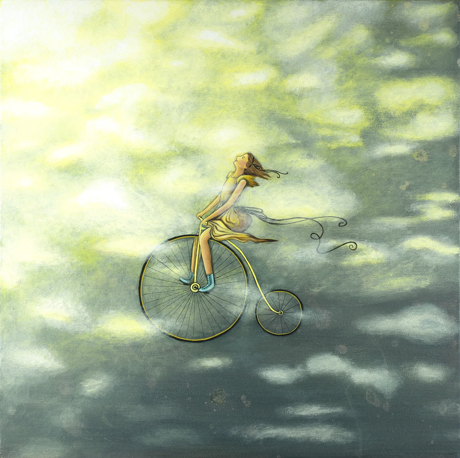 INTO THE CLOUDS 20X20 Acrylic on Gallery Canvas SOLD The girl in this painting was having a perfectly ordinary day until she looked up. What a sight! The sky is so beautiful she’s distracted from all the ordinary thoughts that were recently swirling around her head. I wonder if she realizes she’s off the ground? When I fix my mind on Heaven, my perspective broadens. The world around me looks different than it did, leaving me quicker to forgive and more open to love.